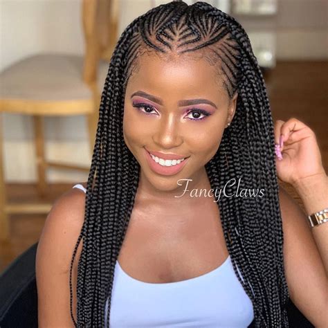 Braiding image - 18. Big Braid With Rings. Source: Pinterest. Here is one bold braid you are going to find interesting and it’s part of the trendy African braids. 19. Box Braids With Cornrow. Image: @vanessamatsena // Instagram. This is one braid hairstyle that will always be in trend and ladies love its simplicity and glamorous look.